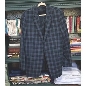 Stafford Mens Spring Blue Plaid Wool Poly Linen Blend Sport Coat Blazer 44L